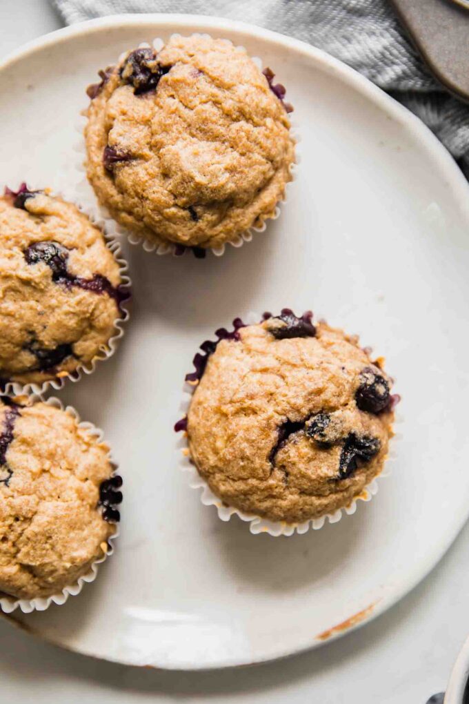 Top shot of toddler muffins with blueberries on a white plate.