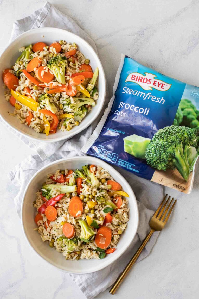 Birds Eye Broccoli Cuts next to bowls of meat-free fried rice.