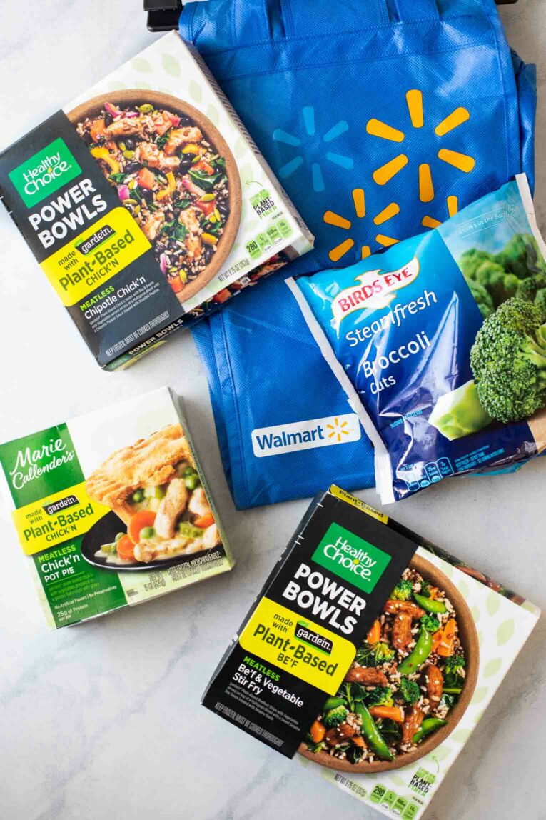 Top shot of meat-free meal ideas on top of a reusable Walmart bag.
