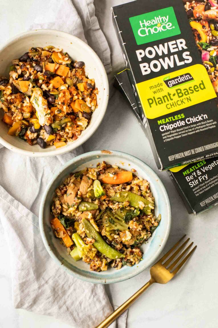 Healthy choice power bowls in white bowls.