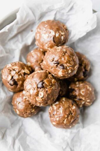 Protein Balls with chocolate chips in a bowl.