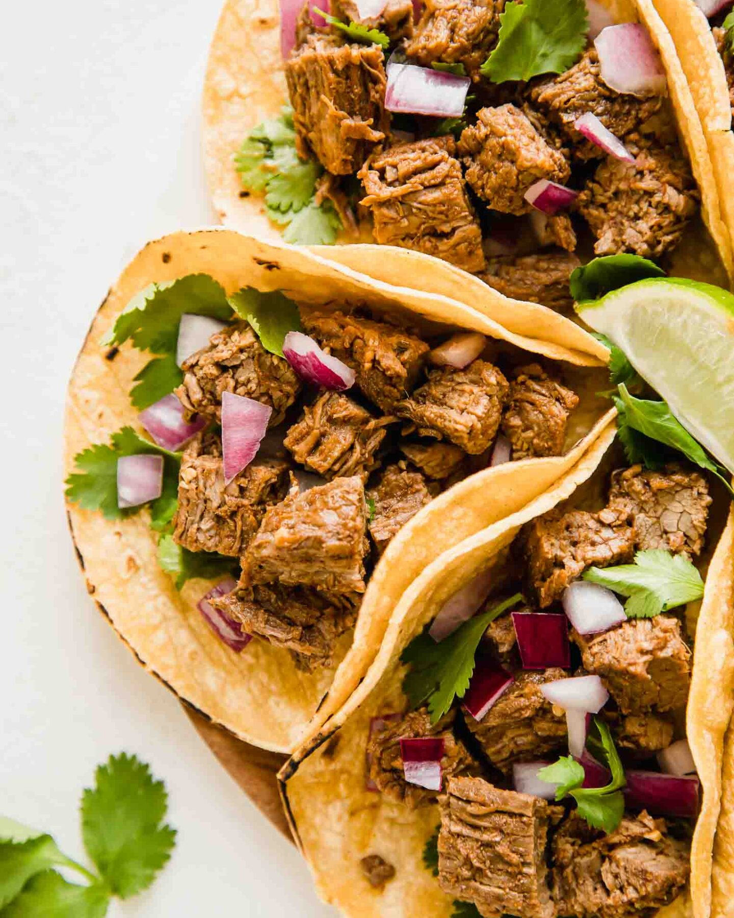 Top shot of Instant Pot Carne Asada Tacos.