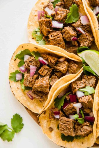 Top shot of Instant Pot Carne Asada Tacos.