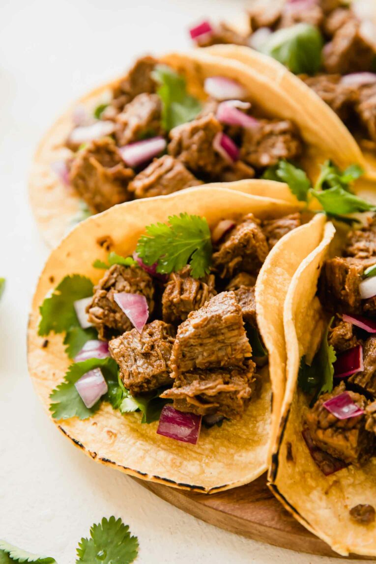 Angled shot of Instant Pot Carne Asada Tacos.