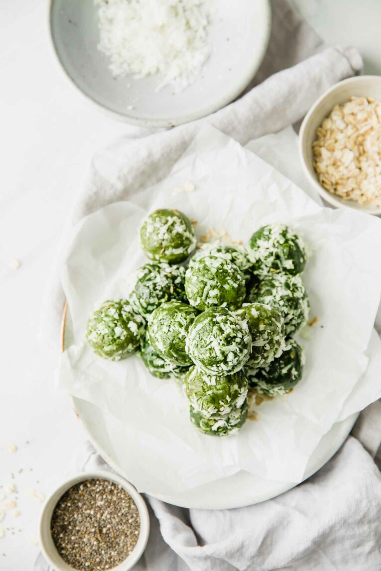A shot of piled matcha energy bites.