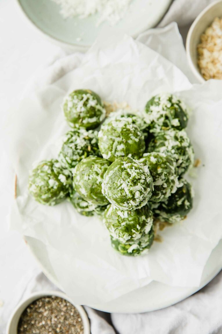 Matcha energy bites on a napkin.