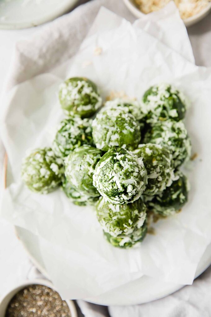Green tea matcha bites on a plate and napkin.