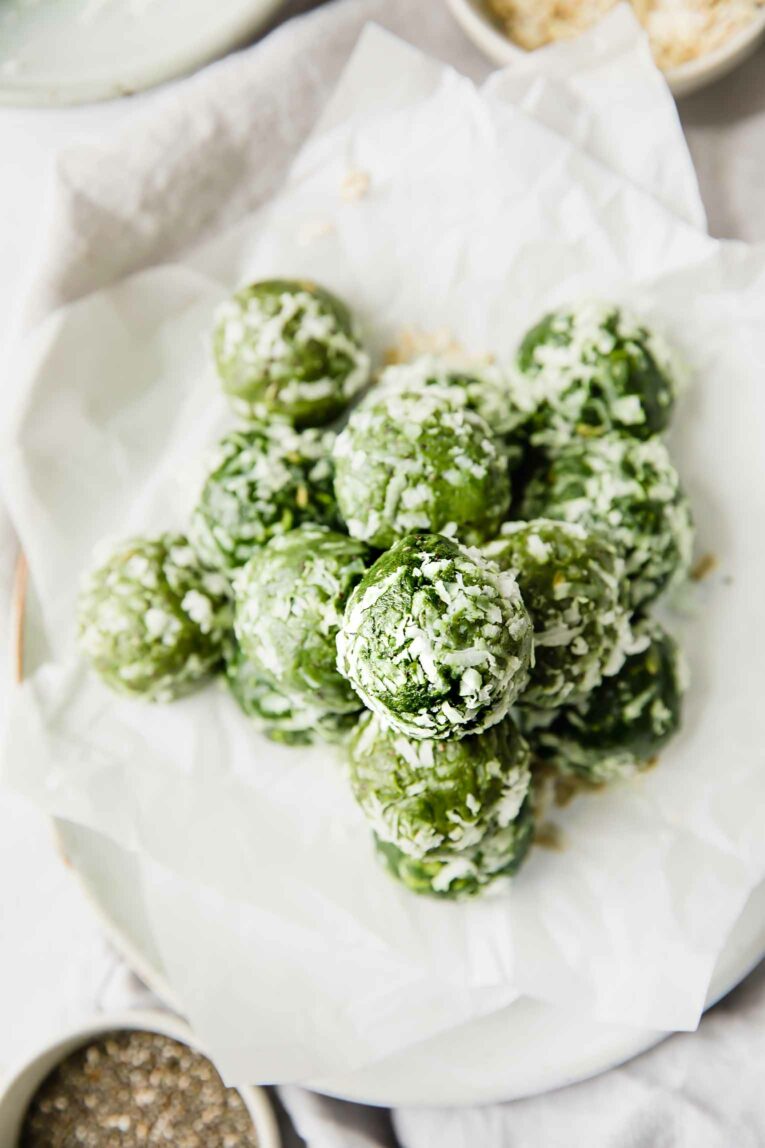 Green tea matcha bites on a plate and napkin.