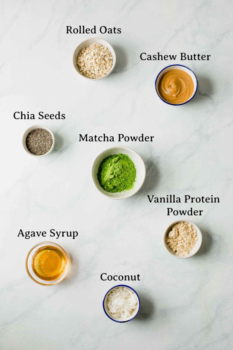 Ingredients photo for matcha chia seed energy bites.