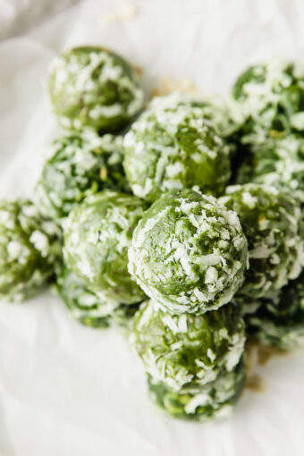 Energy bites piled on a napkin.