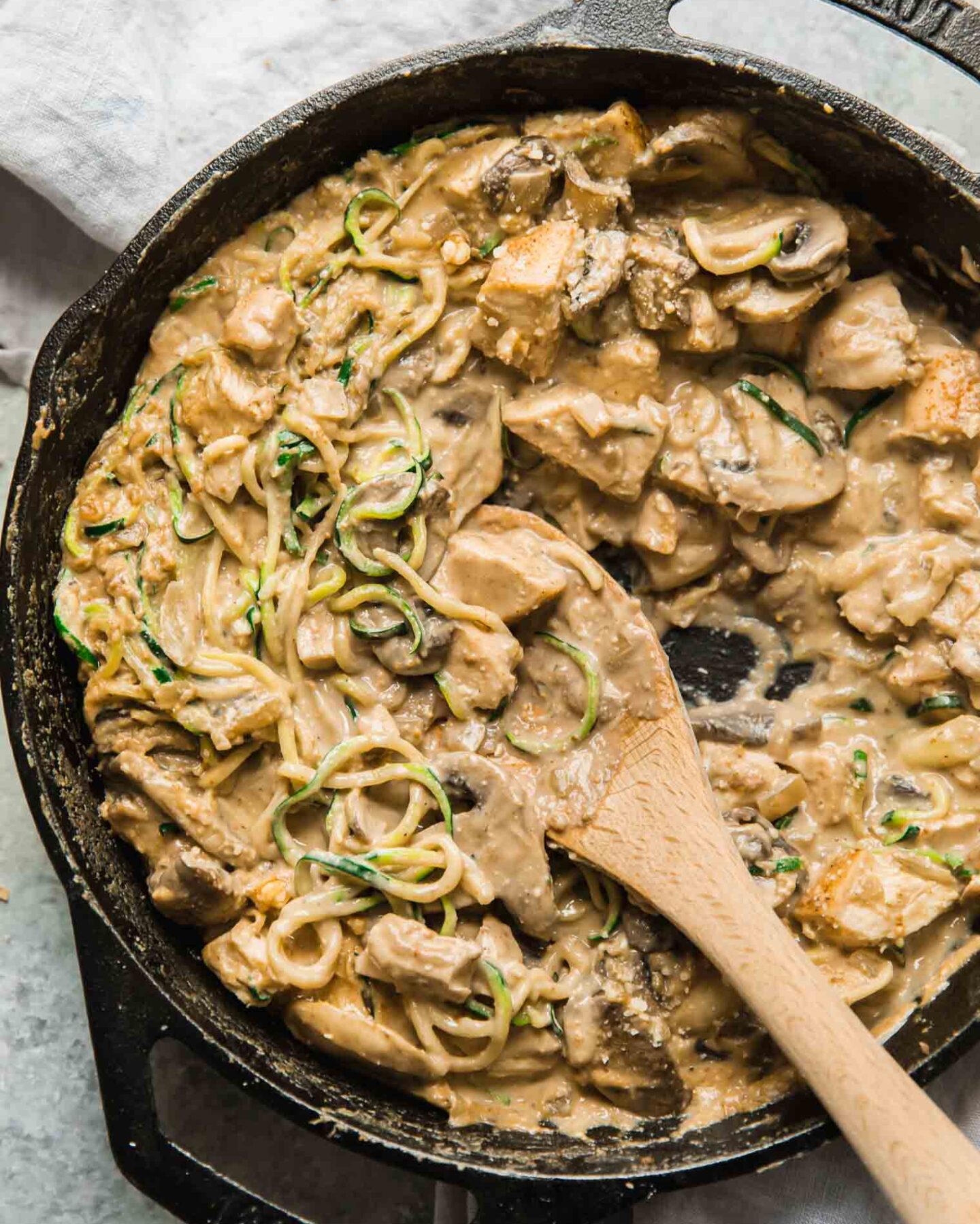 A top shot of a casserole recipe in a skillet.