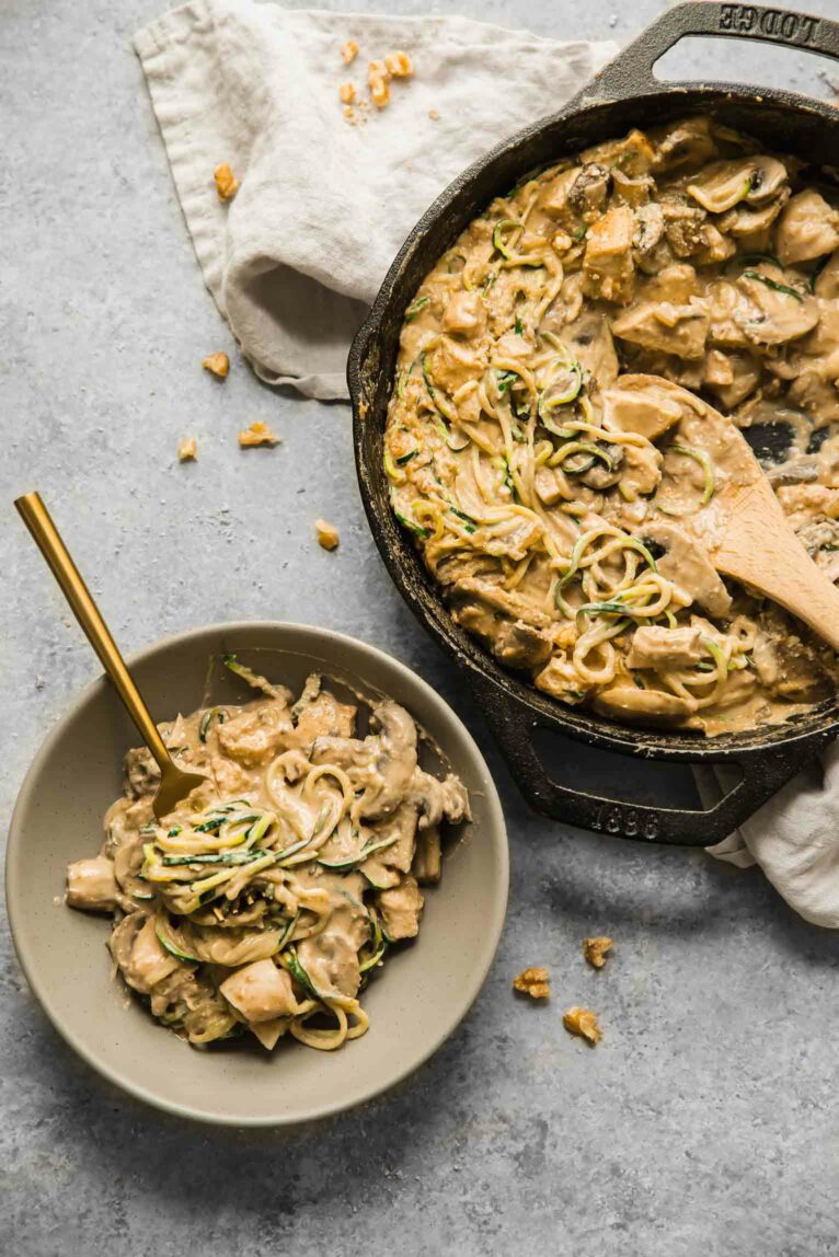 Top shot of Paleo Chicken Mushroom Casserole plated in a bowl.