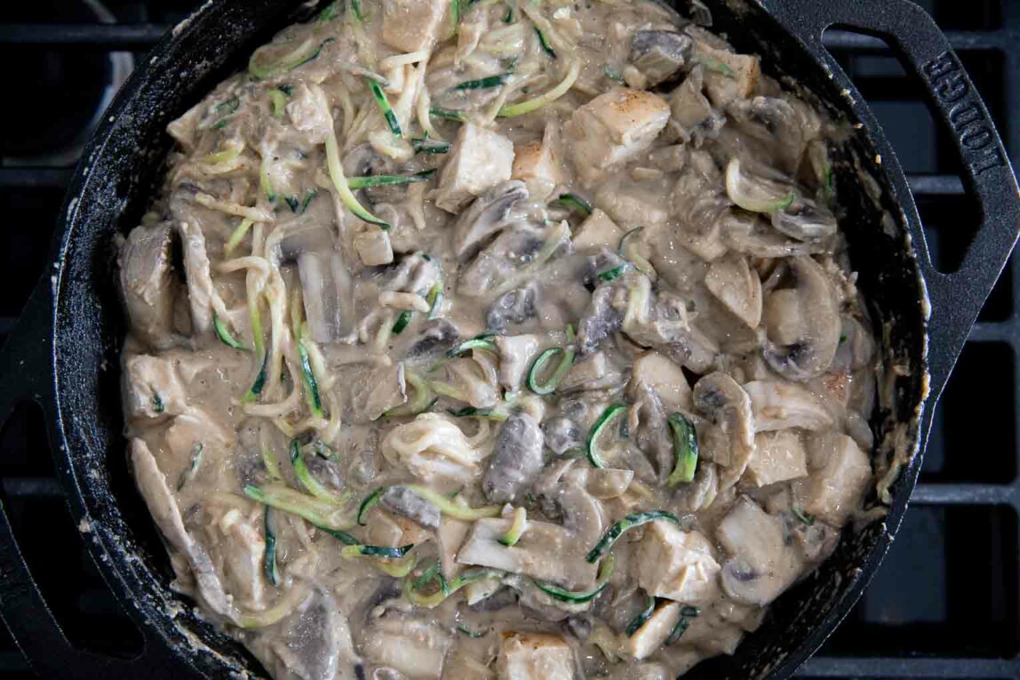 Paleo Chicken Mushroom Casserole in a skillet. 