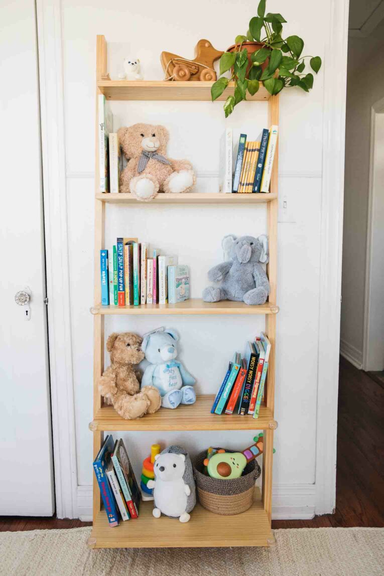 Playroom bookshelf with organized books and toys.