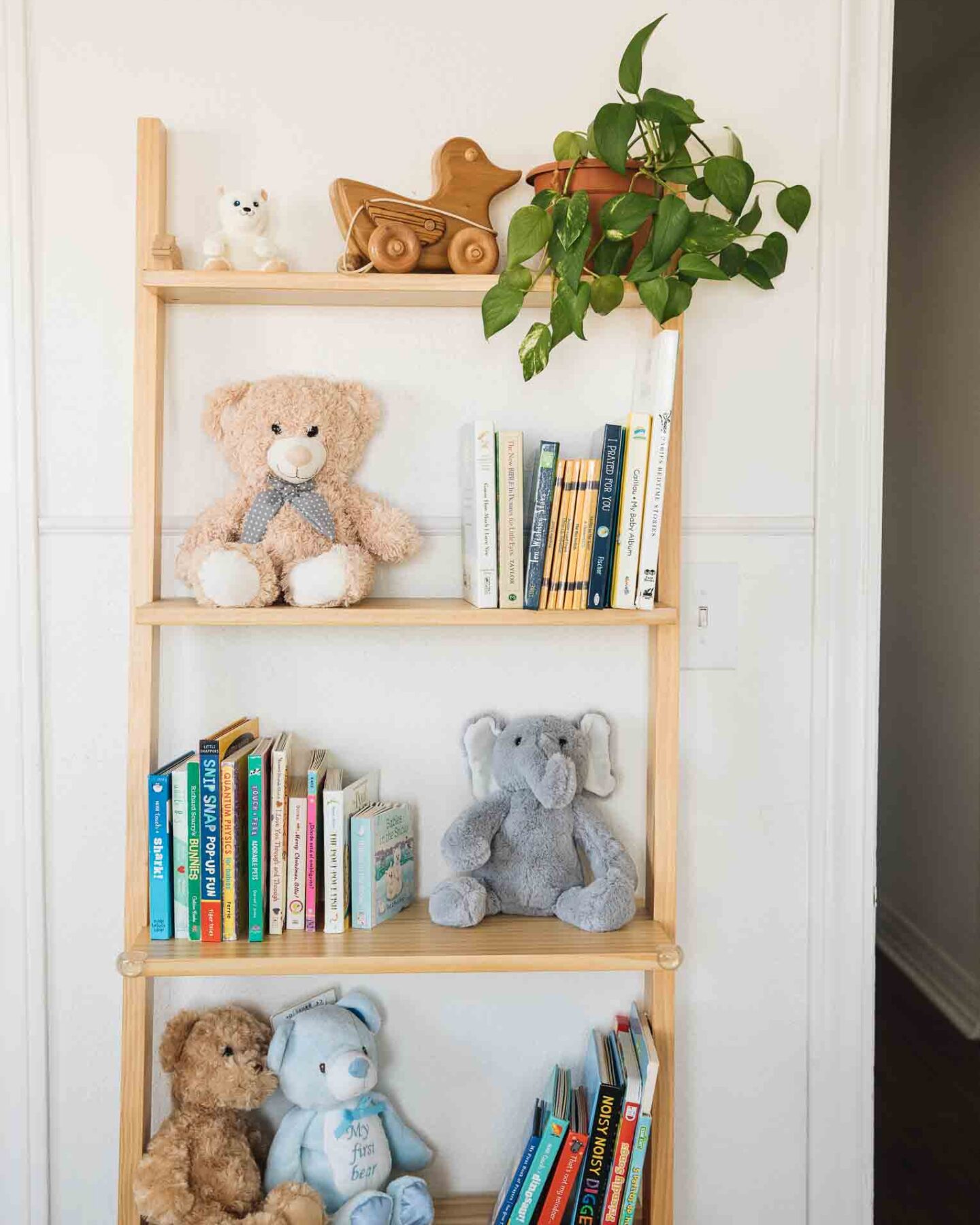 Book shelf with organized toys for a toy storage solution.