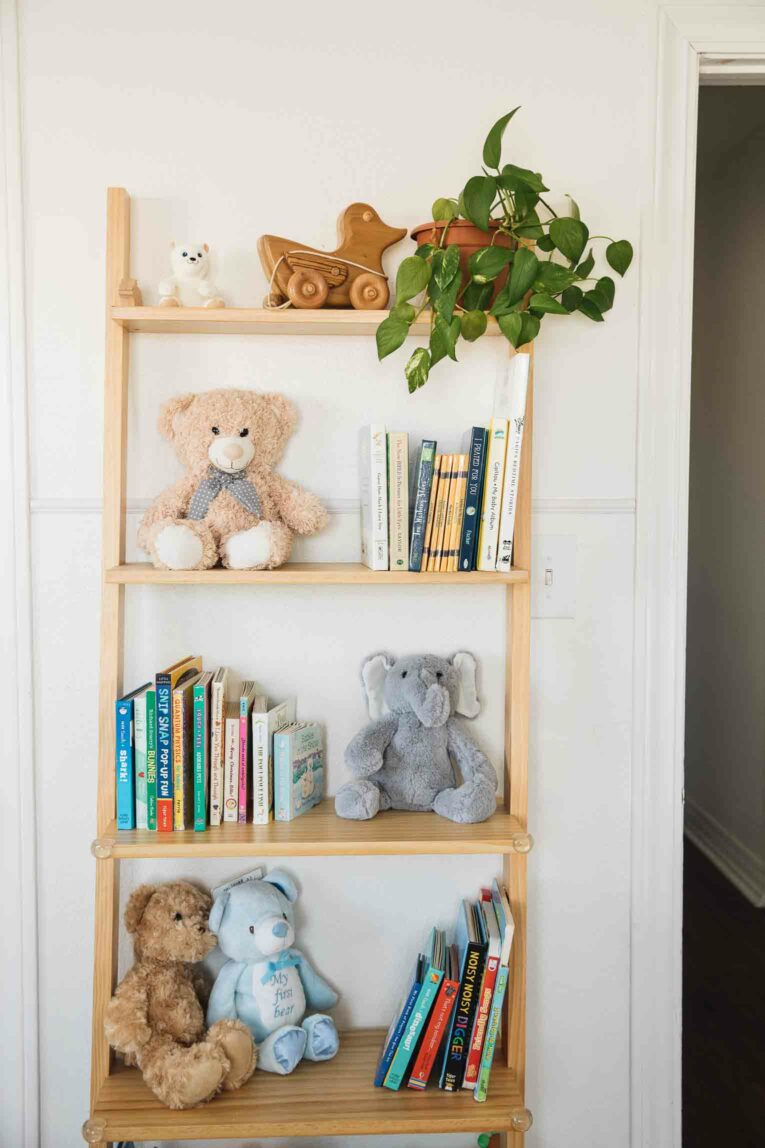 Book shelf with organized toys for a toy storage solution.