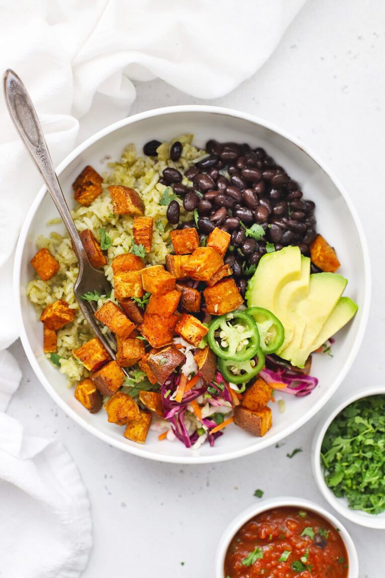 A top shot photo of a bowl with sweet potato and chipotle spices.