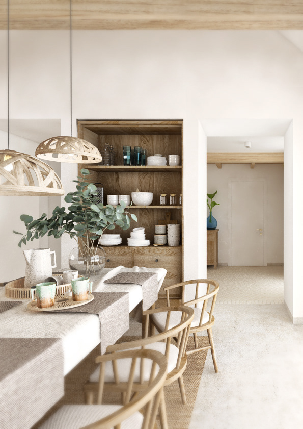 Dining room with built in shelves.