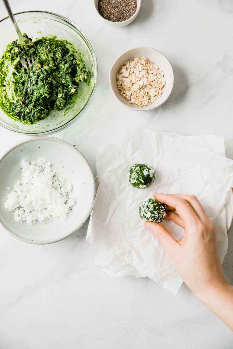 Chia seed energy balls in shredded coconut.