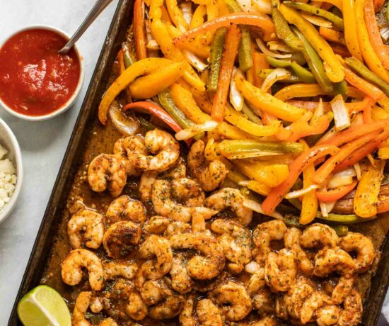 Sheet Pan Shrimp Fajitas on a baking pan.