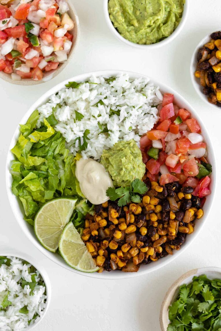 A topshot of a vegan burrito bowl.