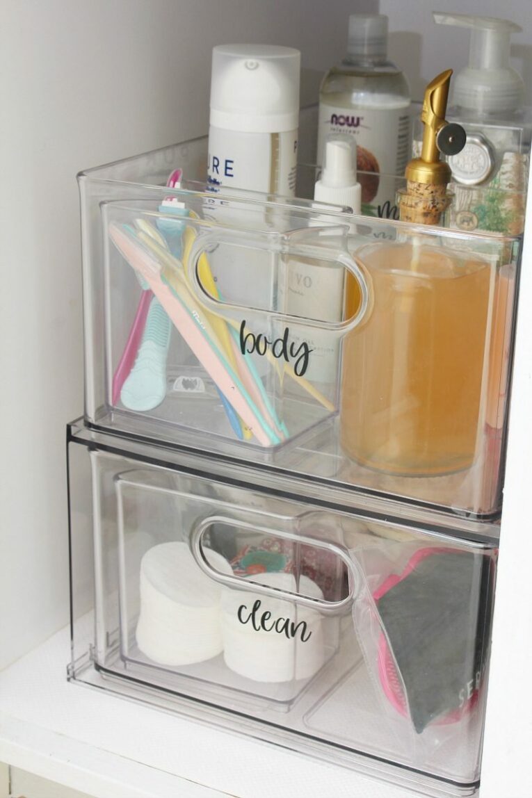 A container labeled body and another labeled clean for bathroom.