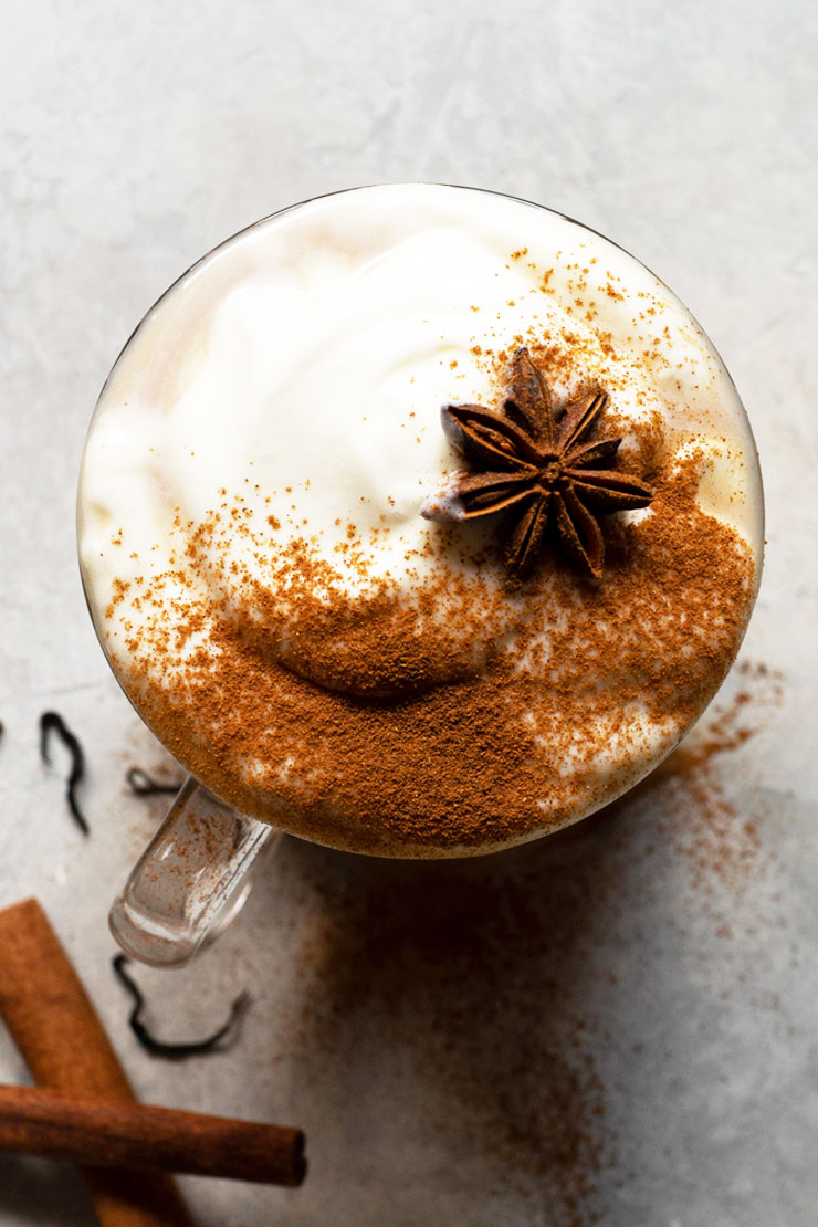 A chai tea latte photo taken from above. 
