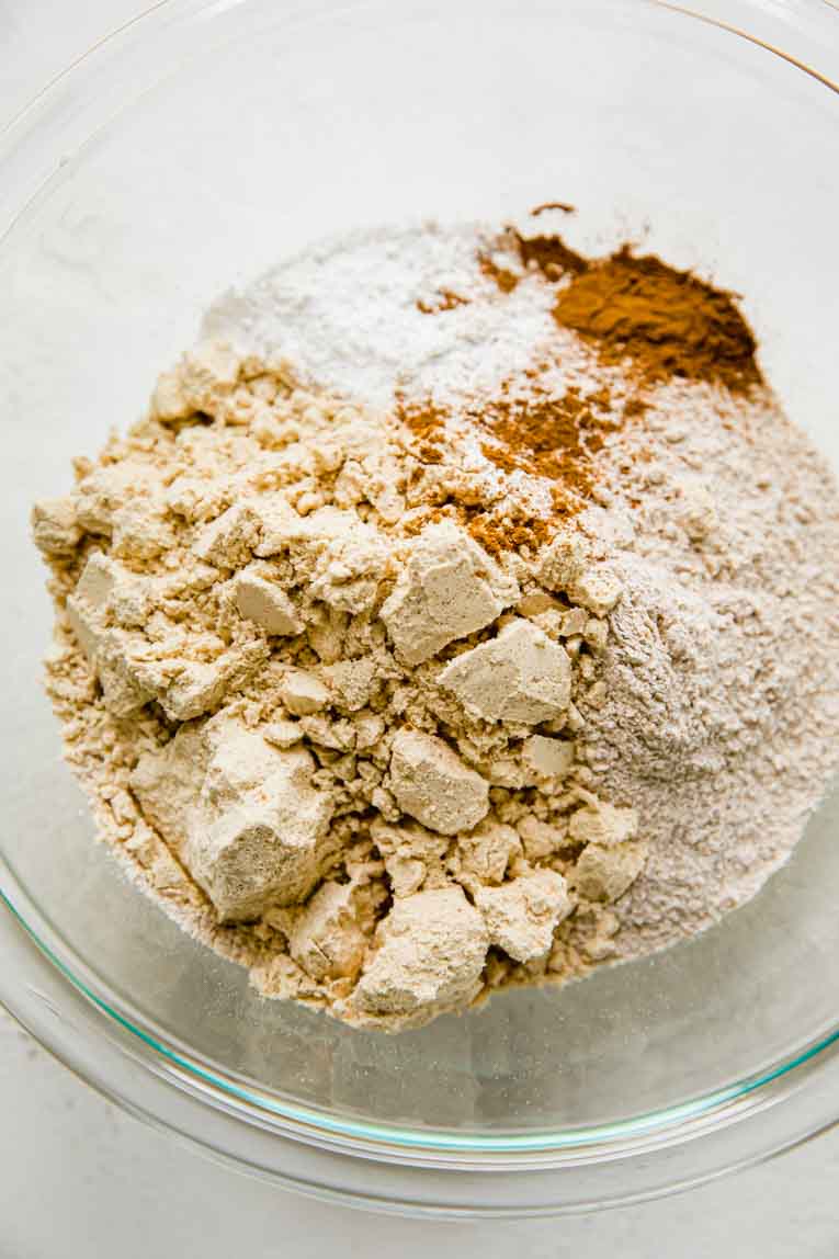 A bowl of dry ingredients to make blueberry banana muffins.