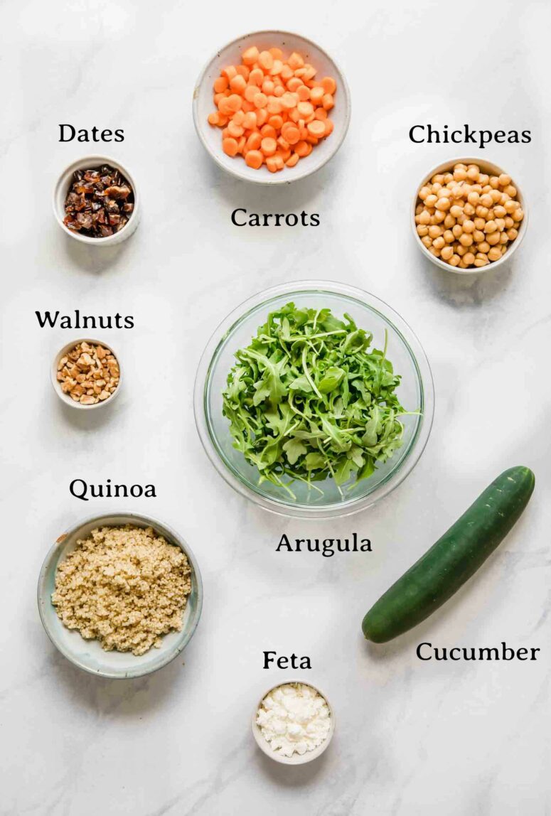 The ingredient list to make the Moroccan Chickpea Carrot Salad.