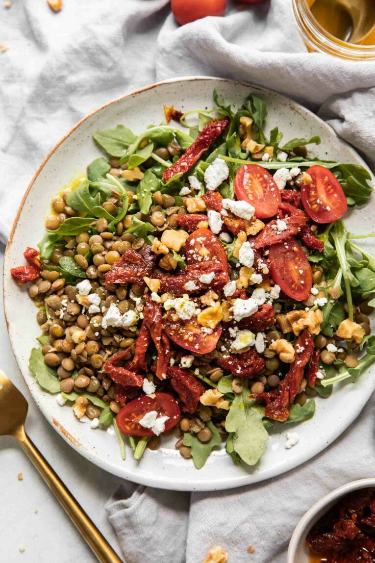 Top shot of sun-dried tomato & arugula lentil salad.