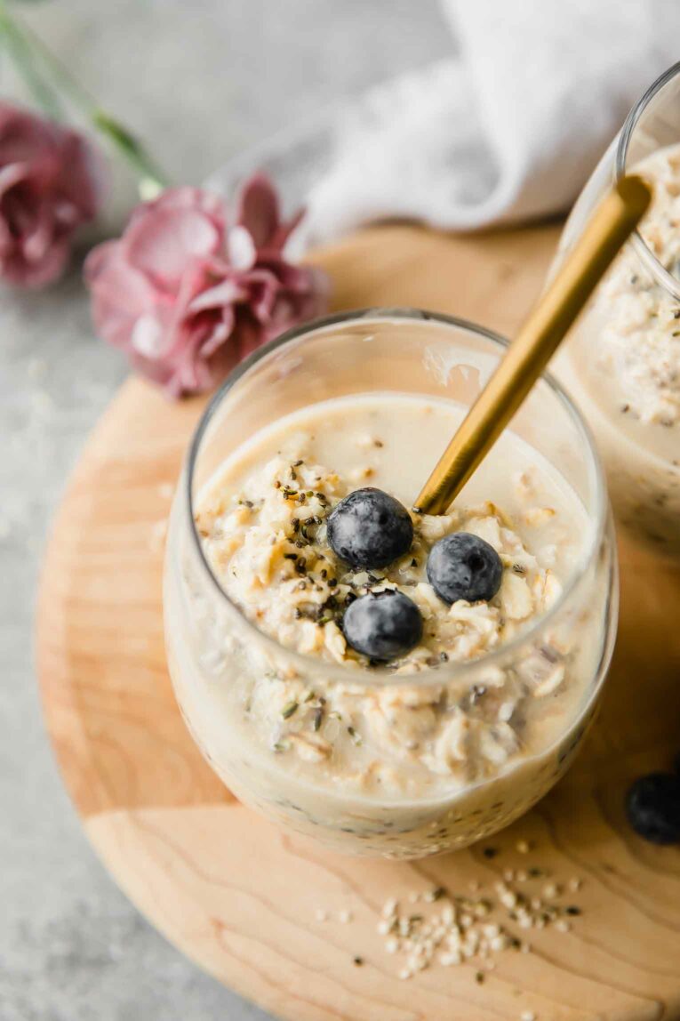 Angled close up of vanilla cream protein overnight oats.