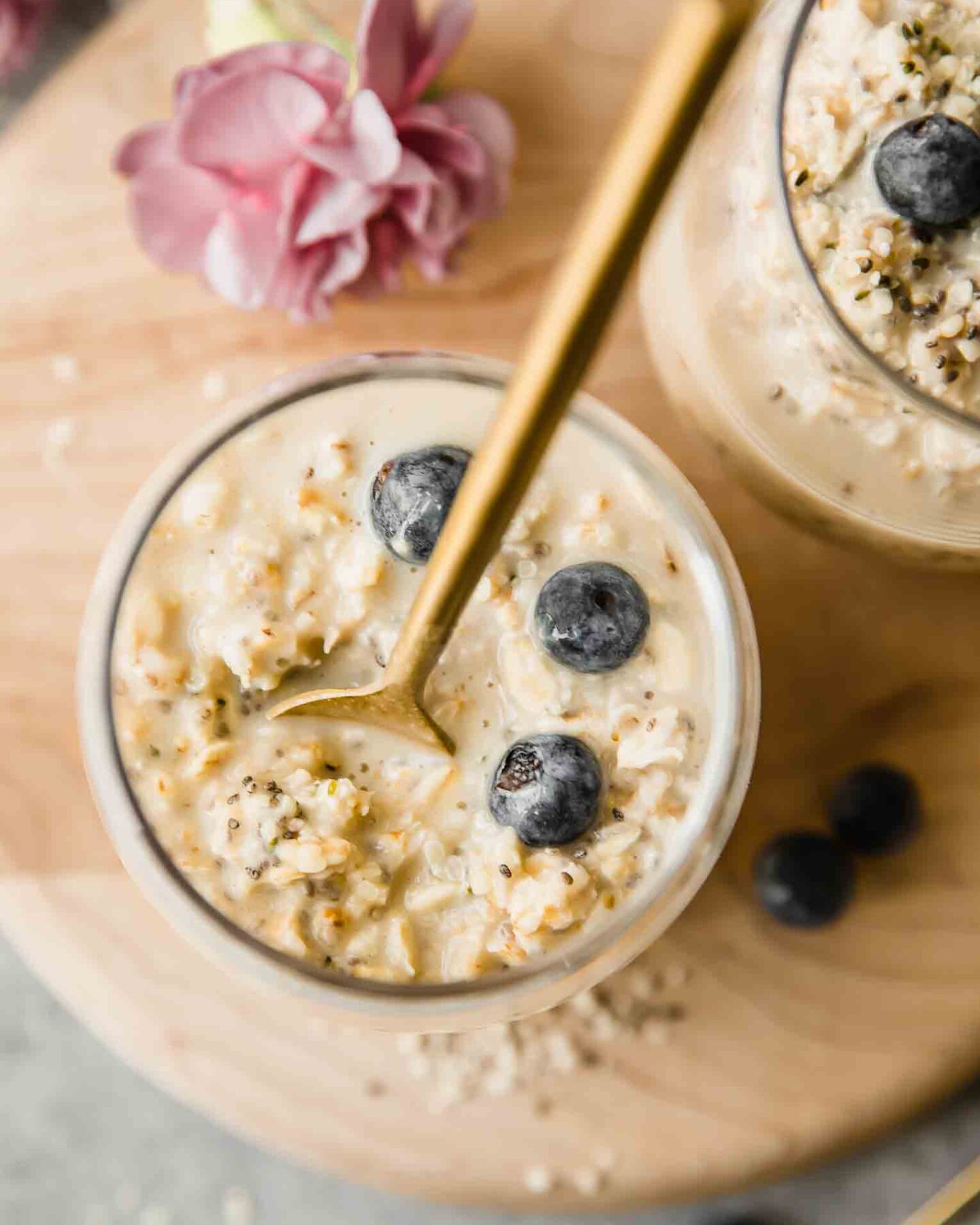 Top shot of Vanilla Cream Protein Overnight Oats.