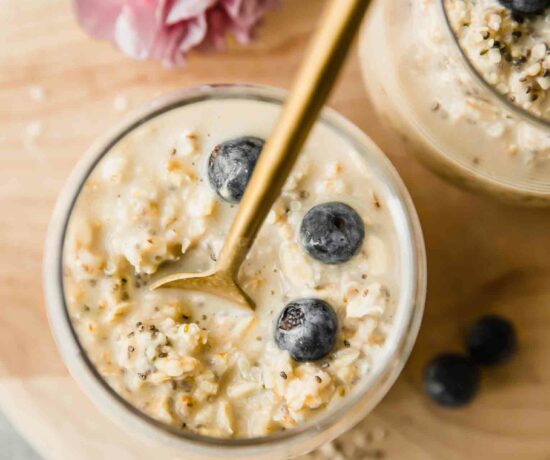 Top shot of Vanilla Cream Protein Overnight Oats.