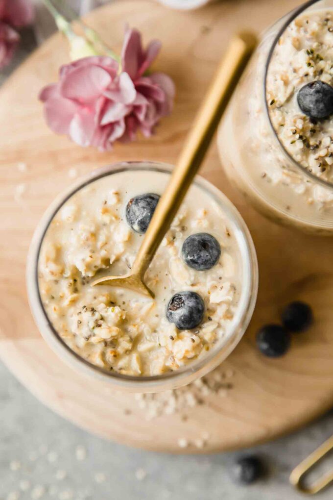 Top shot of Vanilla Cream Protein Overnight Oats.