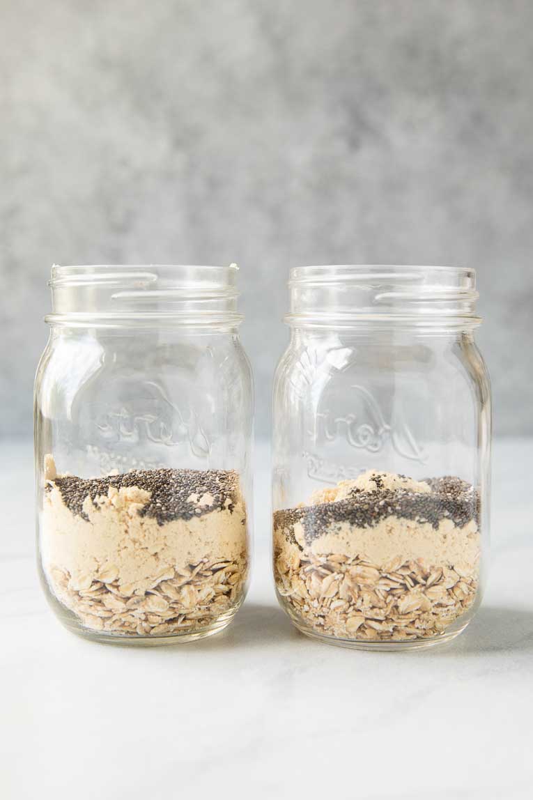 Dry ingredients for overnight oats in a jar.