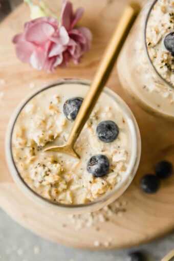 Top shot of Vanilla Cream Protein Overnight Oats.