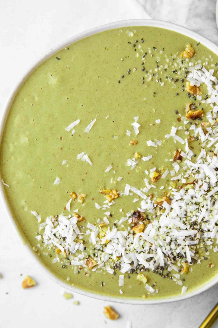 Close up of matcha smoothie bowl.
