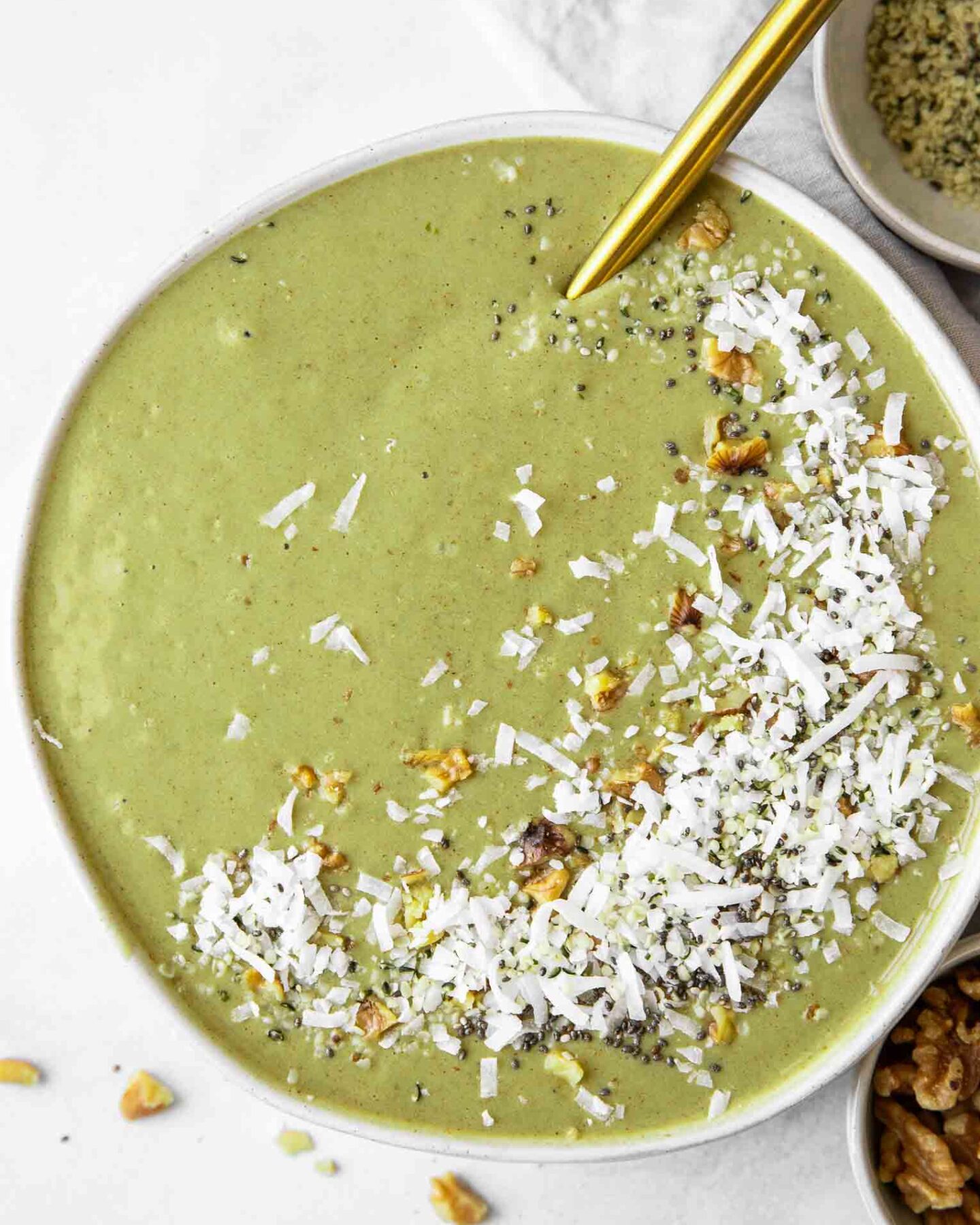 Top shot of Matcha Banana Smoothie Bowls.