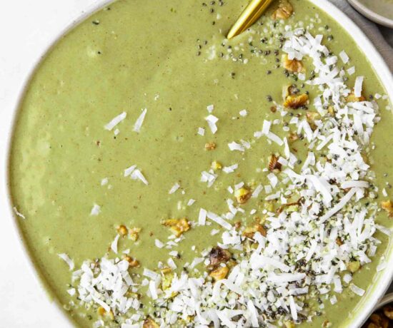 Top shot of Matcha Banana Smoothie Bowls.