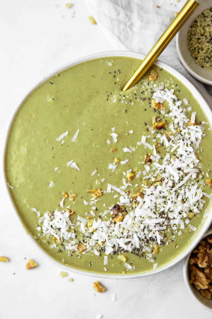 Top shot of Matcha Banana Smoothie Bowls.