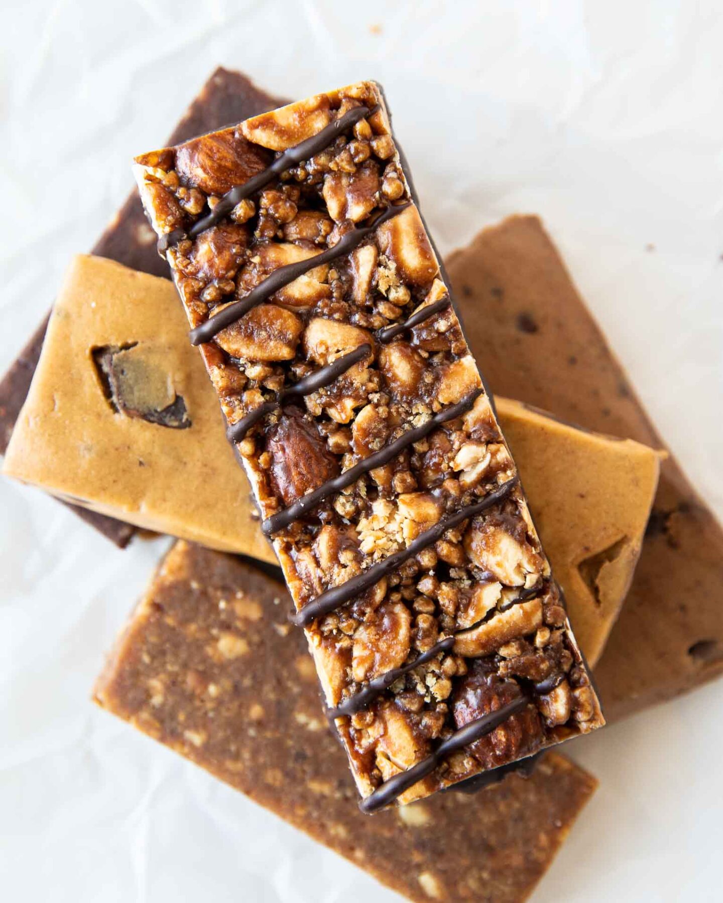 5 protein bars stacked on top of each other.