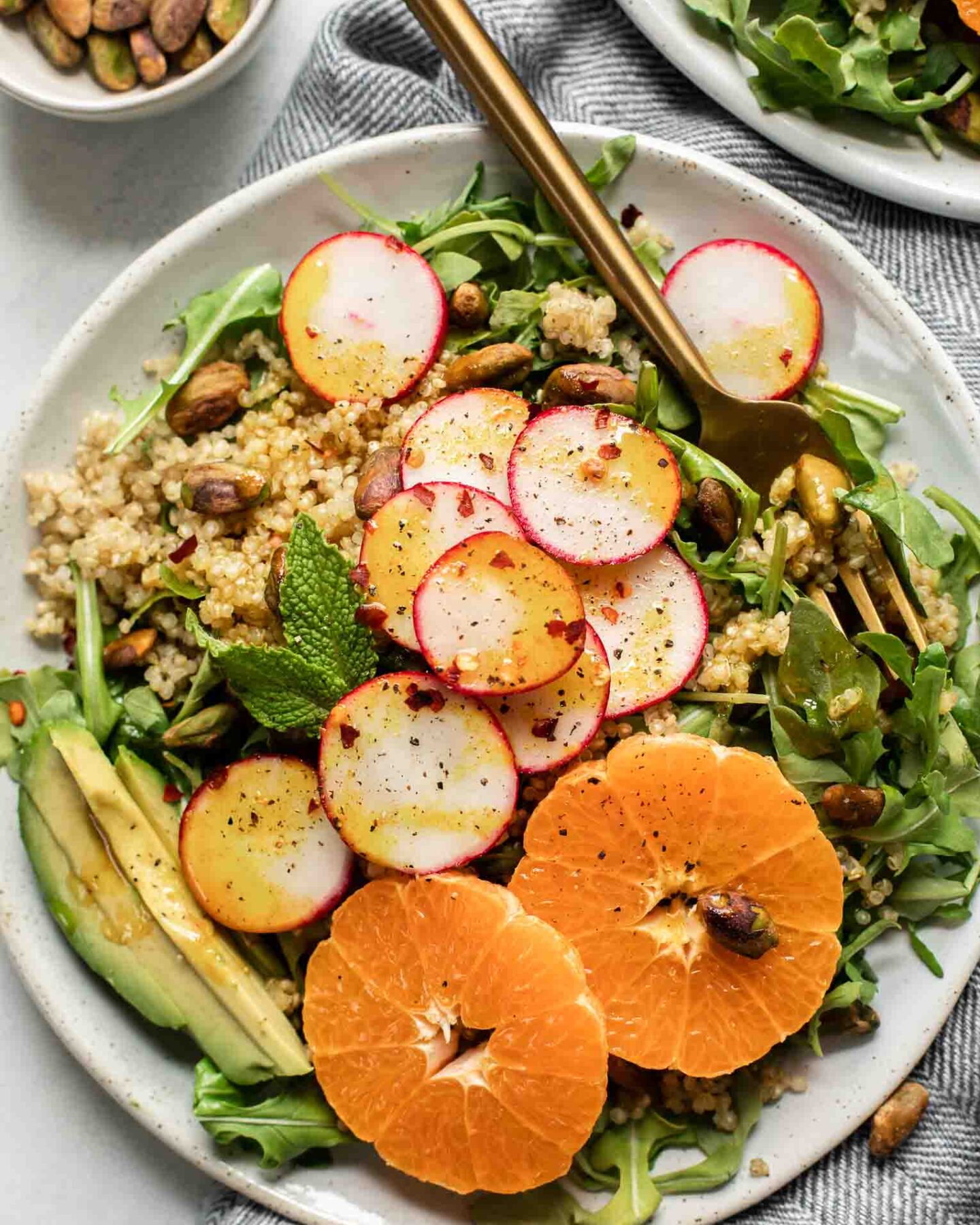 Close up of spicy radish summer quinoa salad.