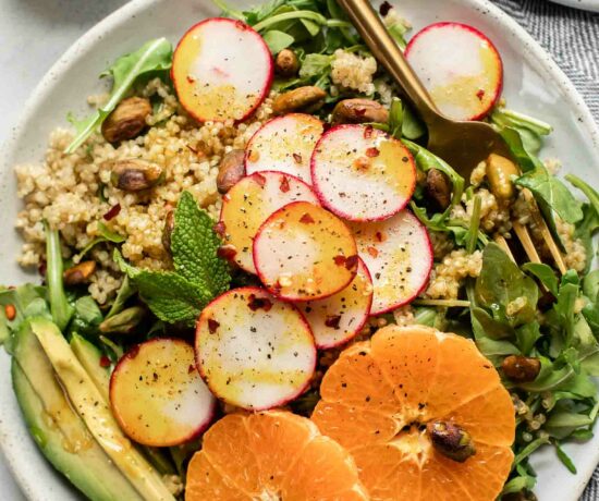Close up of spicy radish summer quinoa salad.