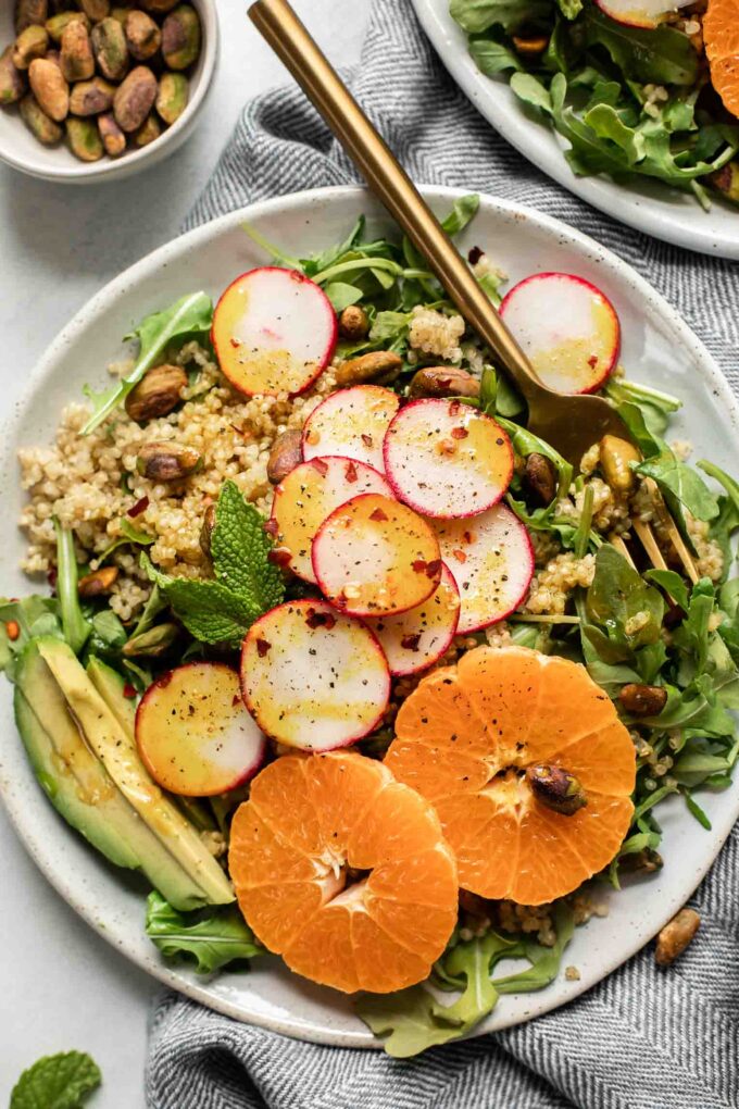 Close up of spicy radish summer quinoa salad.