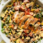 Top shot of Spicy Southwest Salad (Chick-Fil-A Copycat Recipe) in a white bowl.