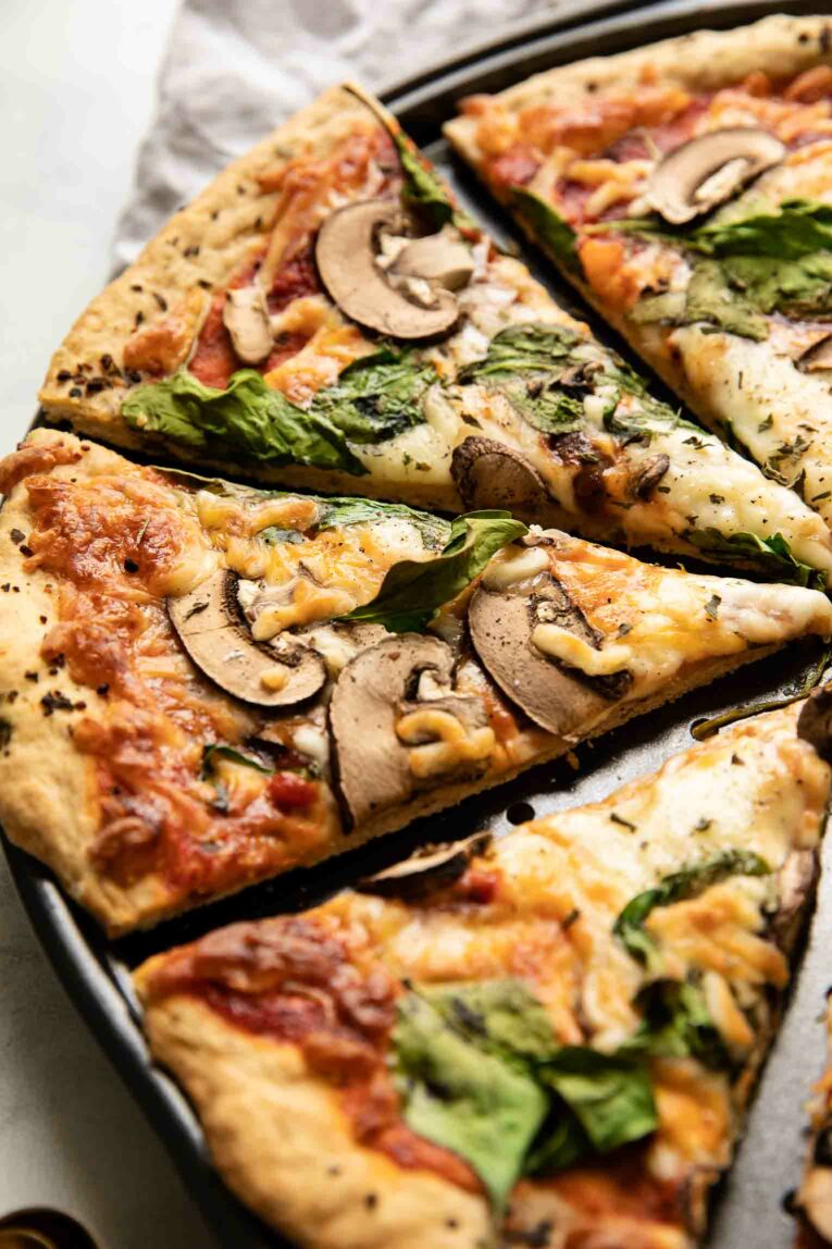 Angled shot of no yeast vegan pizza dough.