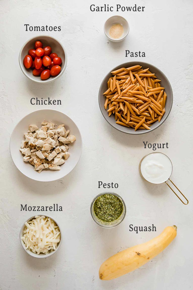 Ingredients for Chicken Pesto Pasta Bake.