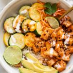 Top shot of hot honey chicken bowls.