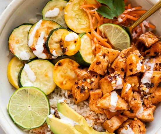 Top shot of hot honey chicken bowls.