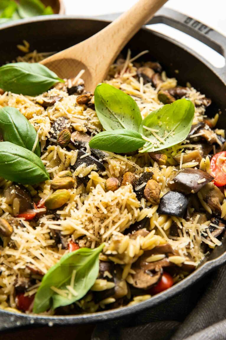 Angled shot of Lemon Garlic Eggplant Mushroom Orzo.